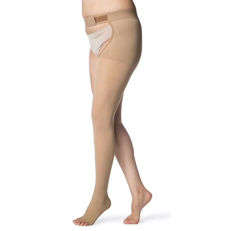 Chaps Sigvaris | Sigvaris Opaque Thigh High 30-40 Mmhg, Open Toe W/ Waist Attachment Light Beige