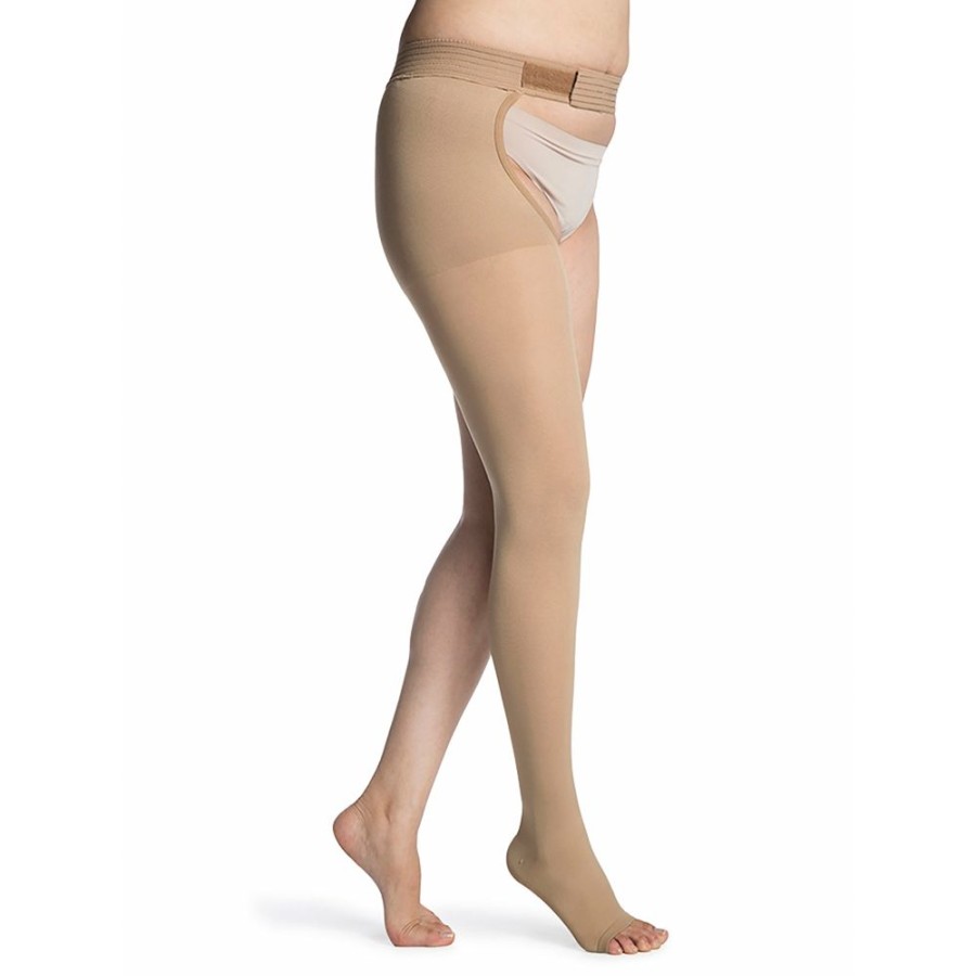 Chaps Sigvaris | Sigvaris Opaque Thigh High 30-40 Mmhg, Open Toe W/ Waist Attachment Light Beige