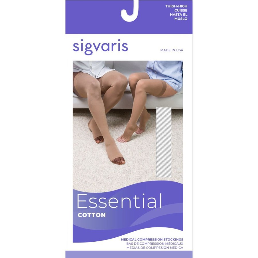 Men Sigvaris | Sigvaris Cotton Thigh High 30-40 Mmhg, Open Toe Light Beige