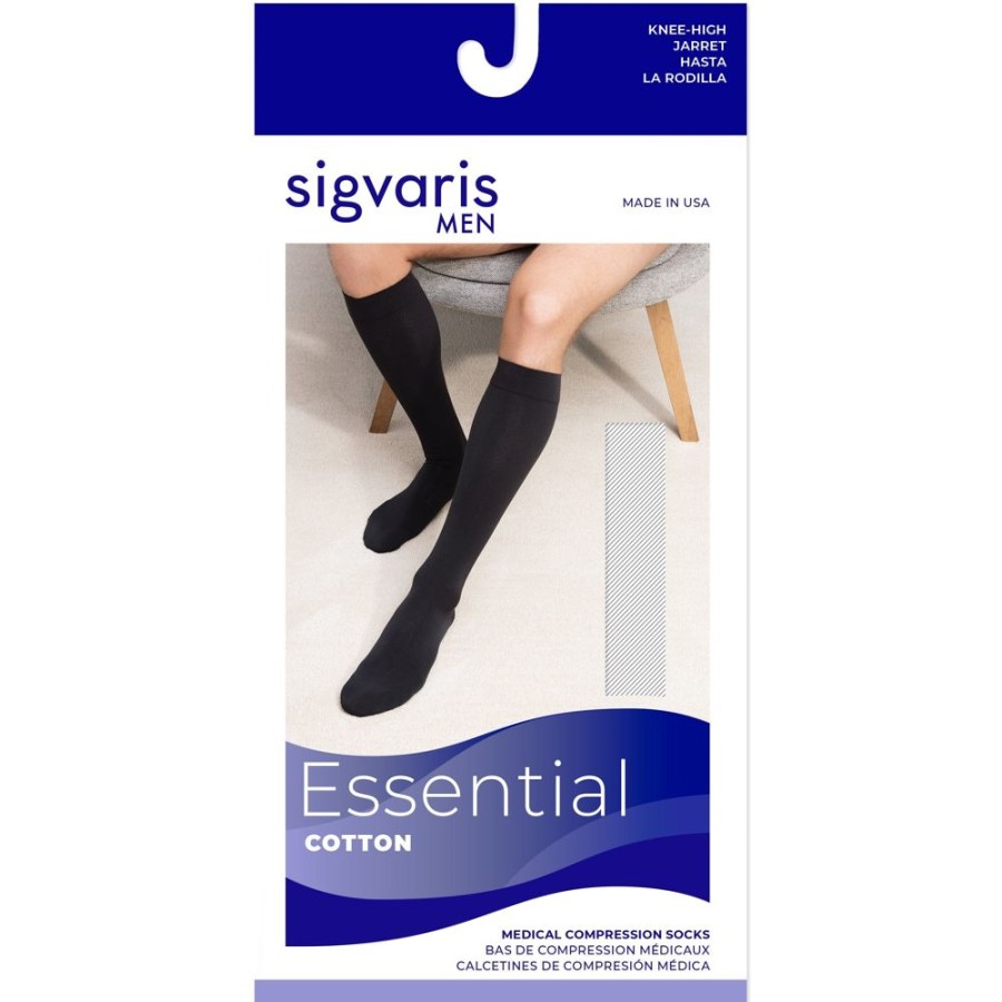 Men Sigvaris | Sigvaris Cotton Men'S Knee High 30-40 Mmhg W/ Silicone Band Grip Top Black