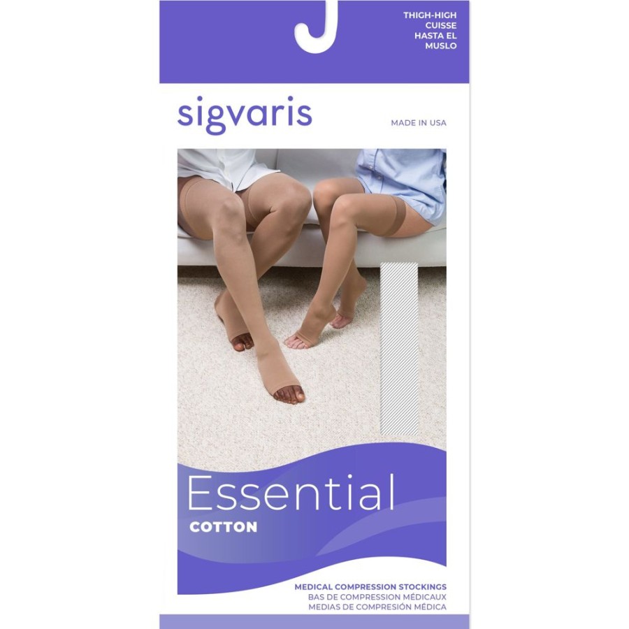 Men Sigvaris | Sigvaris Cotton Thigh High 20-30 Mmhg, Open Toe Light Beige